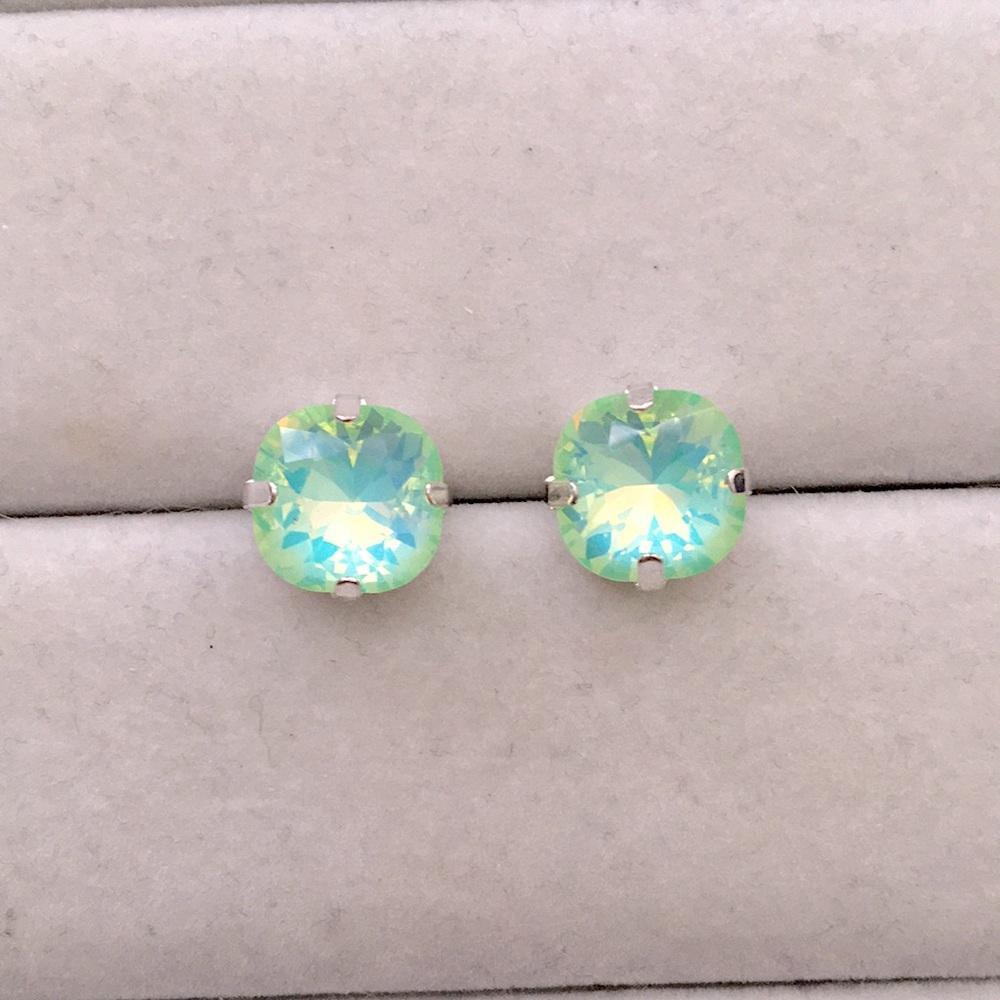 Pacific Opal Aurora Borealis + Silver Cushion Cut Crystal Earrings